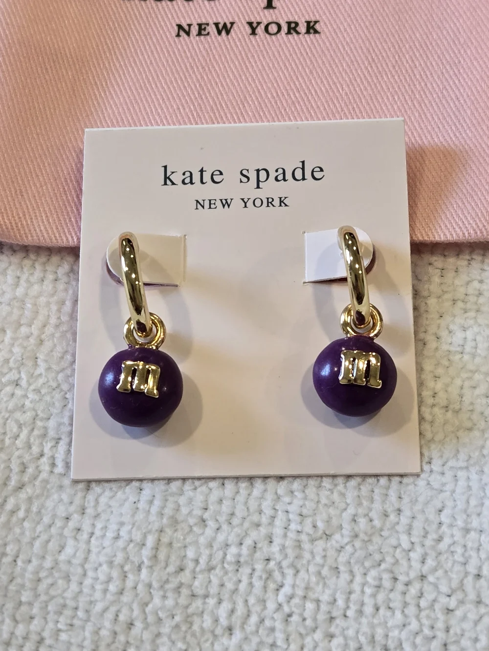 Kate spade x M&M purple dangling earrings NWT & dustbag